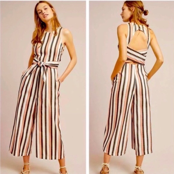 ADELYN RAE Gidget Striped Woven Sleeveless Tie Back Cropped Jumpsuit Size Small - Picture 2 of 12